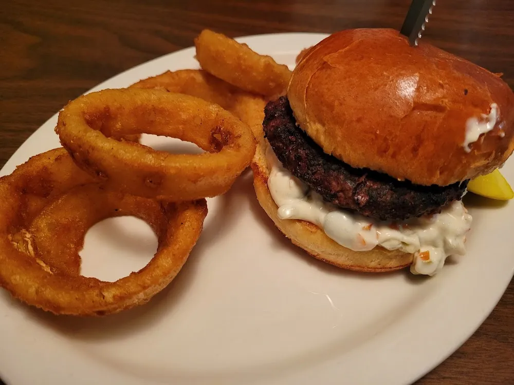 Olive Burger with Onion Rings